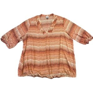 Worthington Top Women's 1X Sheer Top Orange Pink Beige Half Sleeve Stripe‎ Print